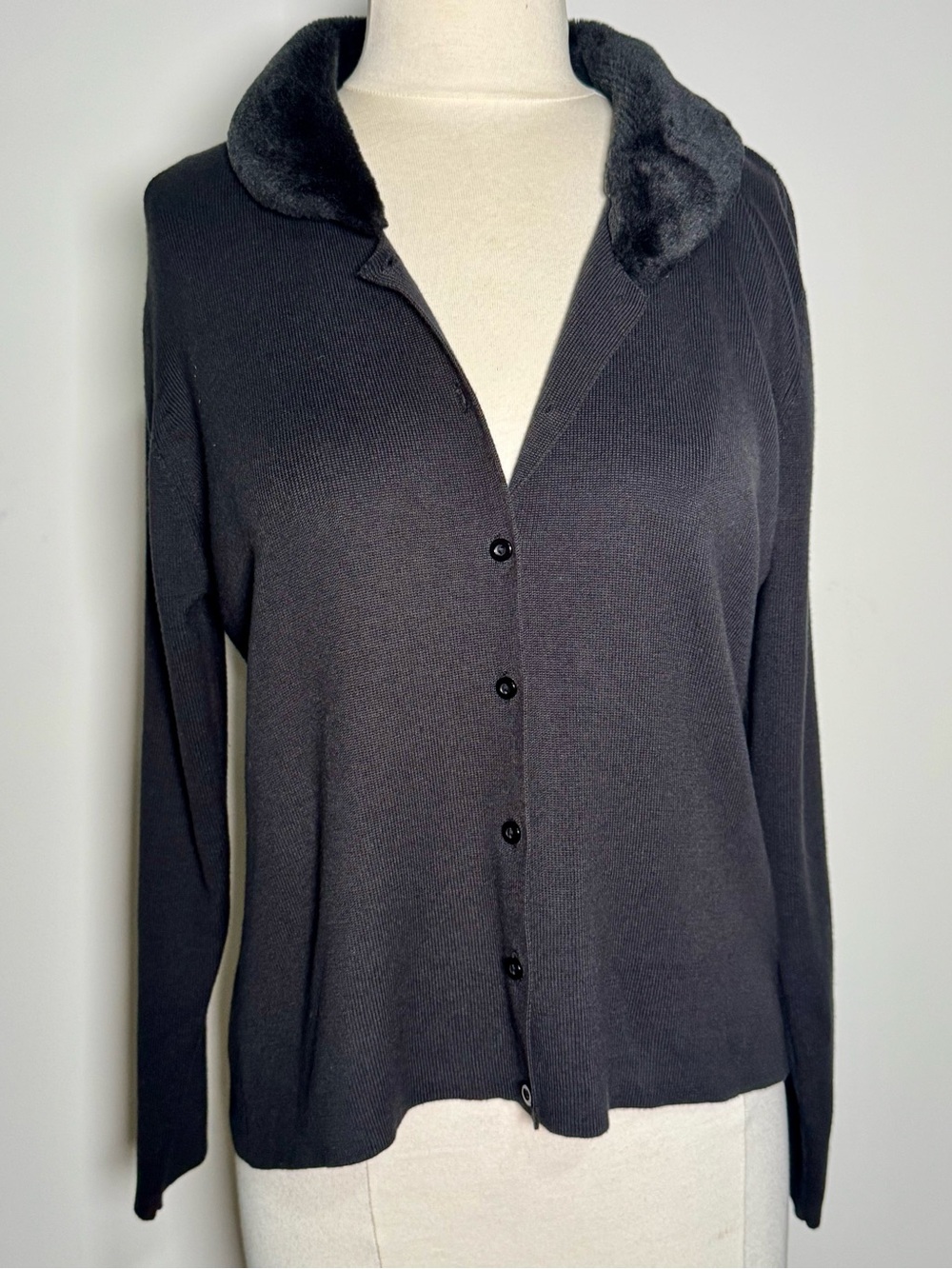 Kathie Lee Collection Black Cardigan with Faux Fur Collar Size XL